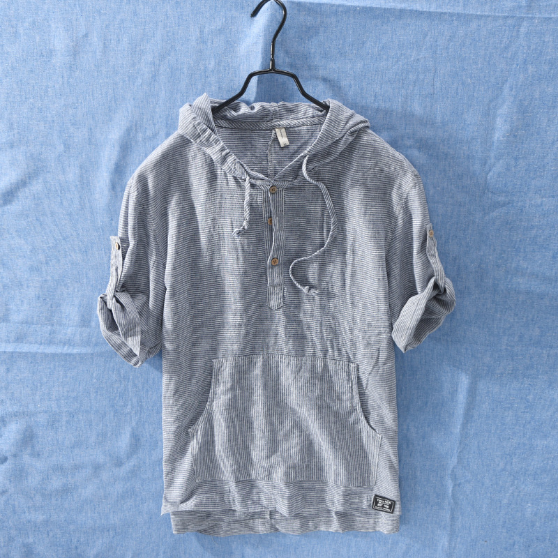 Summer Striped Men'S Hooded Cotton And Linen T-Shirt Drawstring T-Shirt