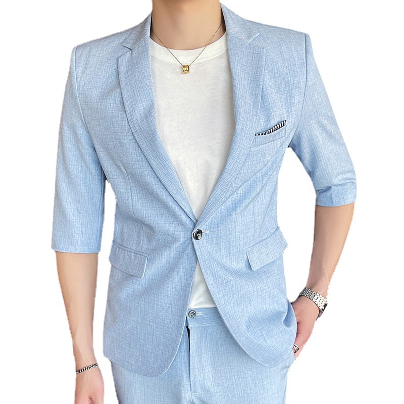 Men's Summer Thin Slim Small Plaid Middle-sleeved Three-quarter Sleeves Nine-point Pants Slim Suit