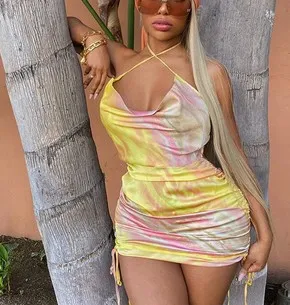 Satin Lace up Pleated Waist Halter Short Bag Hip Seaside Holiday Dress Yellow - Shop at LoveMi