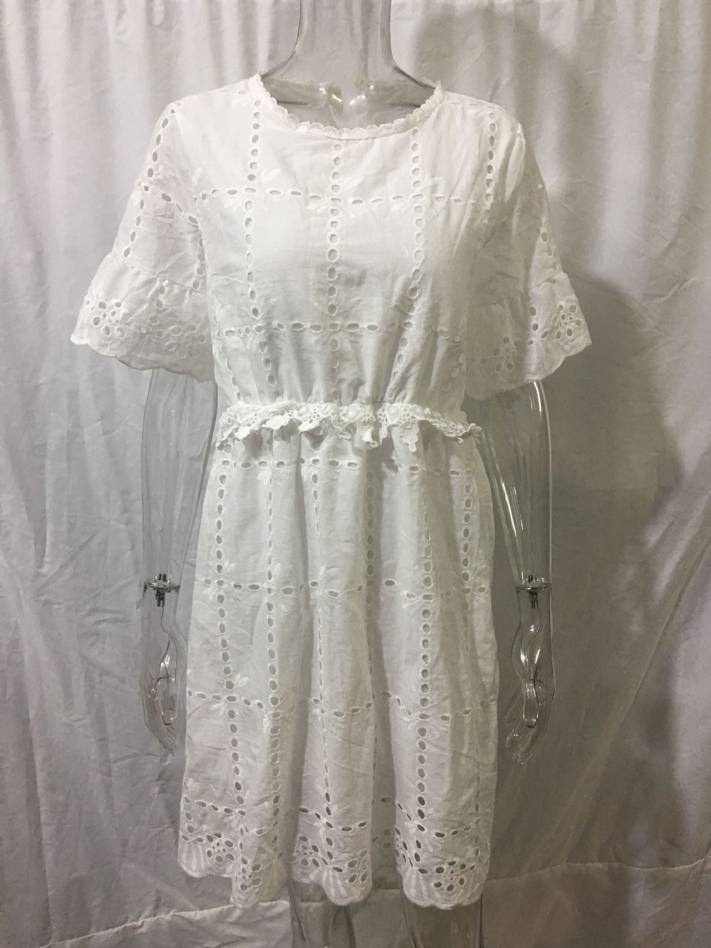 Short Sleeve Beach Skirt Round Neck Hollow Dress