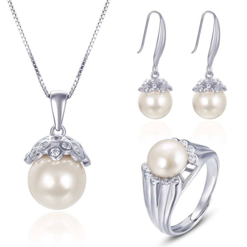 Pearl Jewelry Set S925 Silver Shell Beads Pendant Girls Fashion Zircon Earrings Freshwater Beads Ring Wholesale