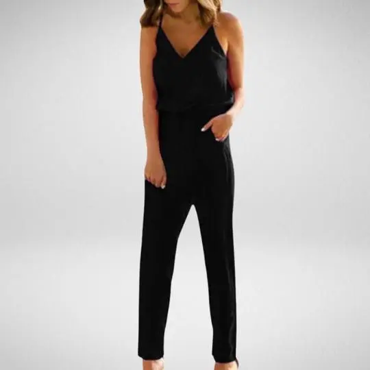 Solid color V neck suspender jumpsuit Black - Shop at LoveMi