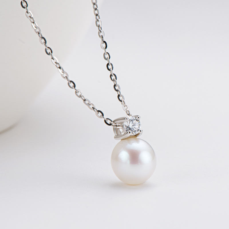 Natural Freshwater Pearl Necklace Pendant In Sterling Silver With Diamonds
