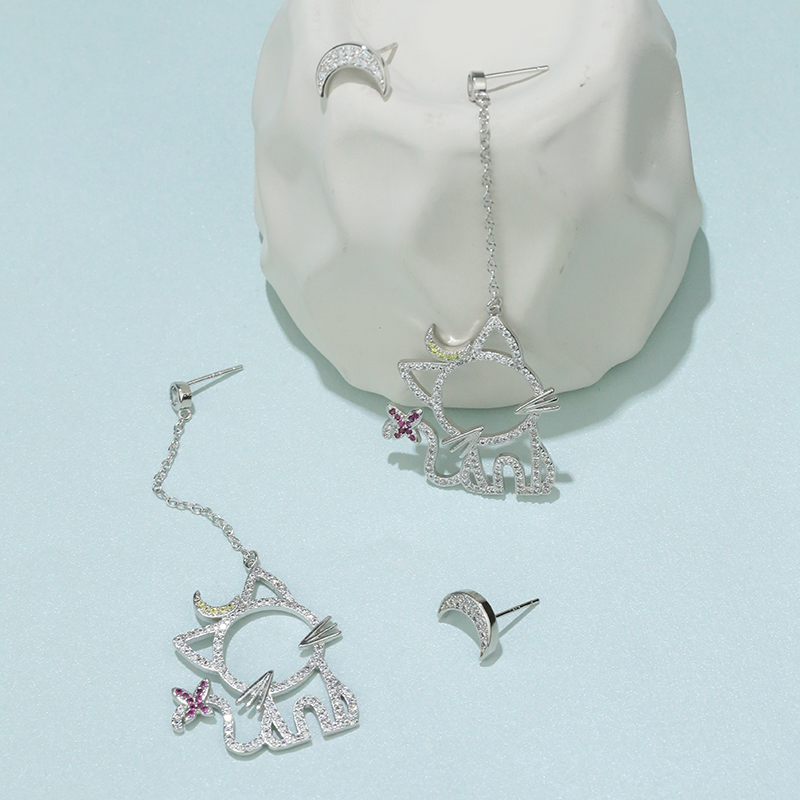 New Earrings Trendy Cute Cat Asymmetrical Korean Sterling Silver