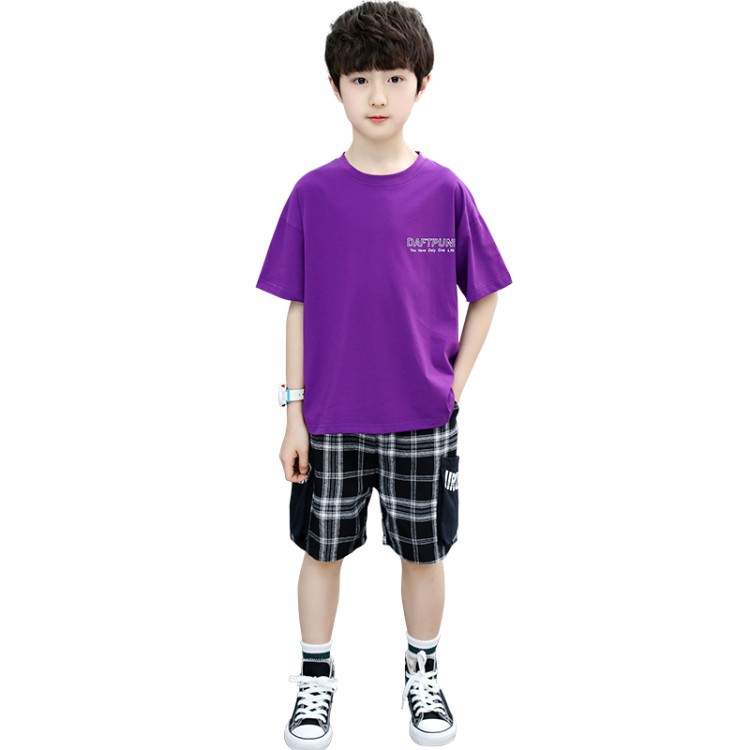 Boys Summer Korean Short-sleeved Children's Check Five-point Pants