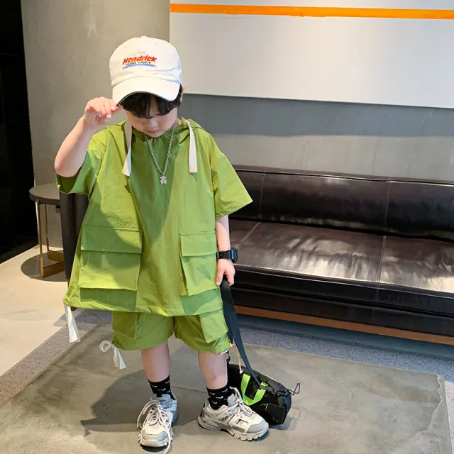 Boys Short sleeved Suit Summer New Baby Handsome Jacket Shorts Children's Korean Version Of The Western Style Two piece Trend Green - Shop at LoveMi