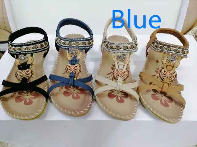 Large Size Flat Sandals Flower Rhinestone Sandals Beach Shoes Blue - Shop at LoveMi