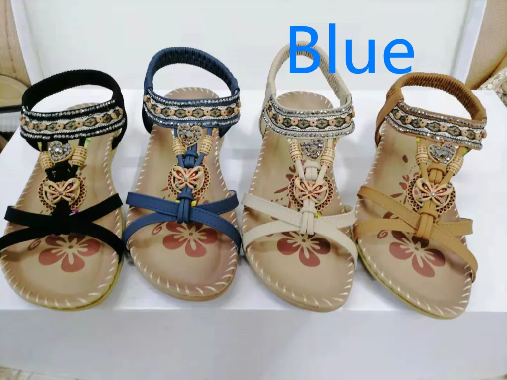 Large Size Flat Sandals Flower Rhinestone Sandals Beach Shoes - Blue