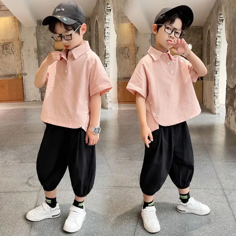 Cotton Children's Striped T-shirt Short-sleeved Polo Shirt, Big Children's Summer Five-point Pants Trend