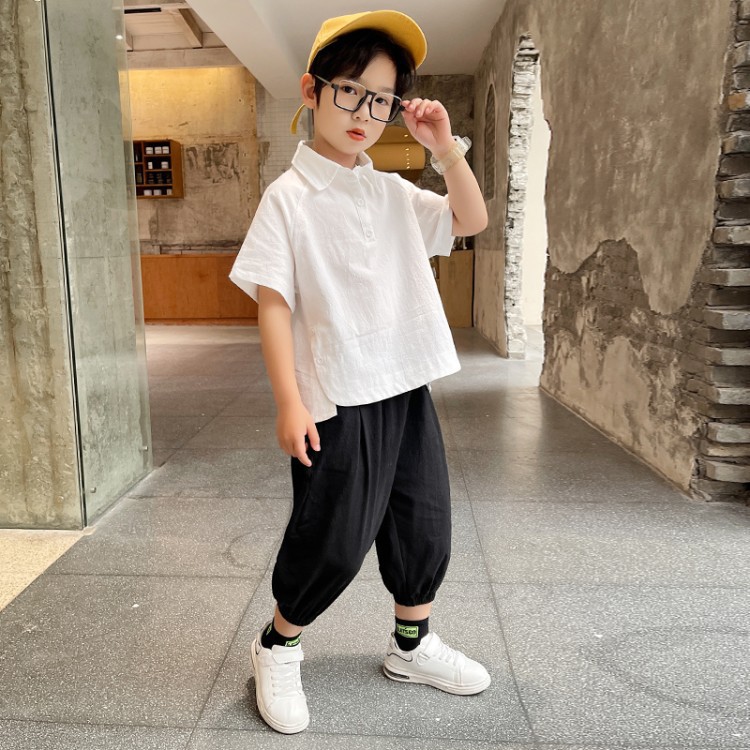 Cotton Children's Striped T-shirt Short-sleeved Polo Shirt, Big Children's Summer Five-point Pants Trend