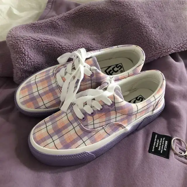 Plaid Shoes Female Japanese Canvas Shoes Students Purple - Shop at LoveMi