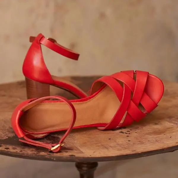 High Heel Chunky Heel Buckle Sandals Red - Shop at LoveMi