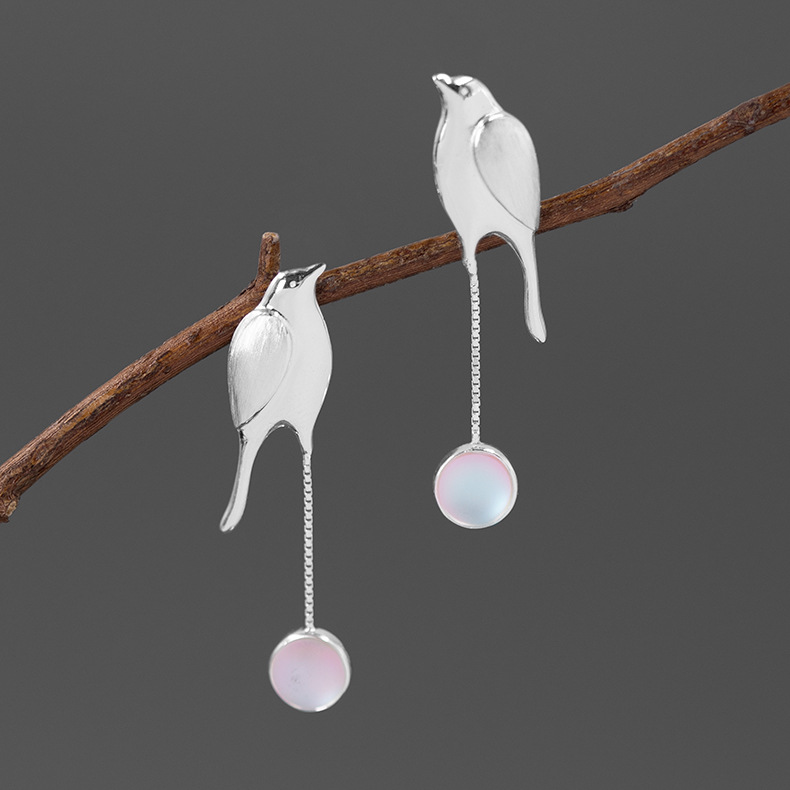 Night Bird S925 Sterling Silver Inlaid Glass Beads Beautiful Natural Elegant Bird Earrings