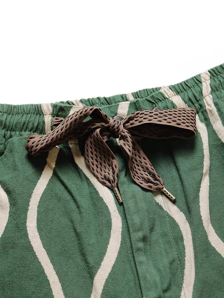 Cotton Linen Water Ripple Printing Japanese Trend Tether Casual Overalls Shorts