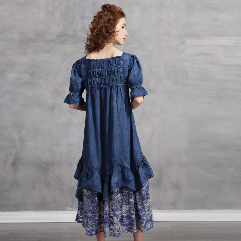 French Retro Lace Stitching Loose Large Size Mid-length Skirt Summer Ruffled Short-sleeved Dress