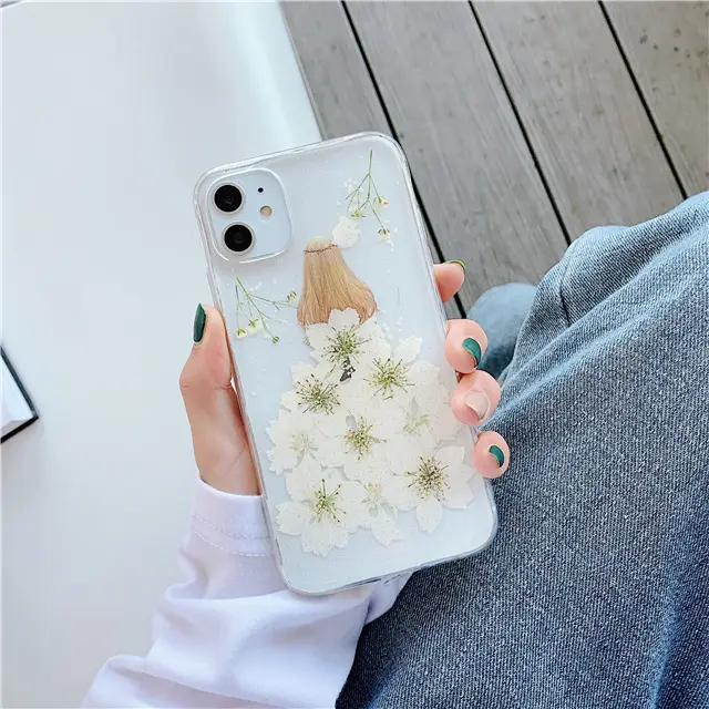 Mobile Phone Shell Epoxy Real Flower Anti-drop Transparent Soft Protective Cover