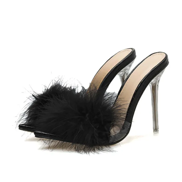 Woman Shoes Transparent Crystal High Heels Woman Feather Fur Slippers Transparent - Shop at LoveMi