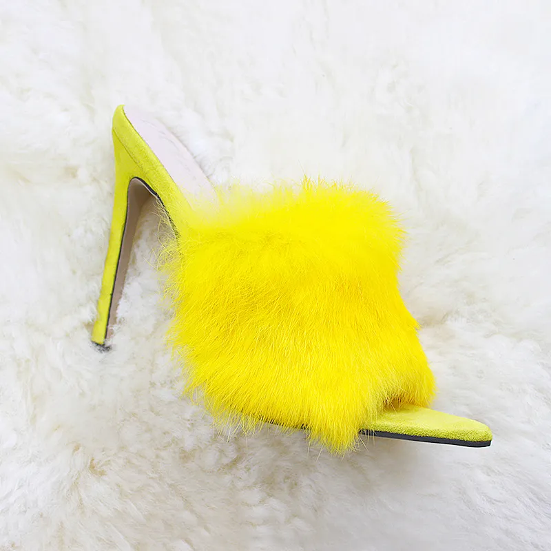 European And American Fashion Rabbit Hair Fish Mouth High Heel Sandals And Slippers - Yellow