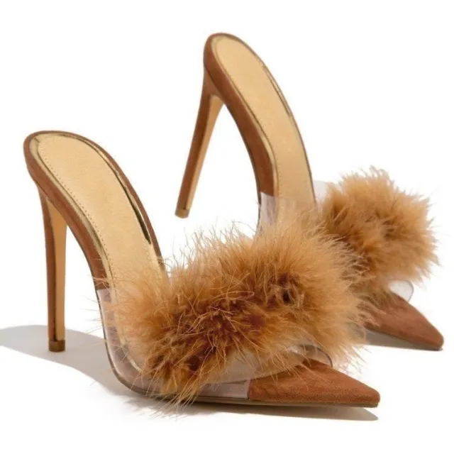 The New Pointed toe Fleece Stiletto Heel Super High Heel Sexy Sandals And Slippers Brown - Shop at LoveMi