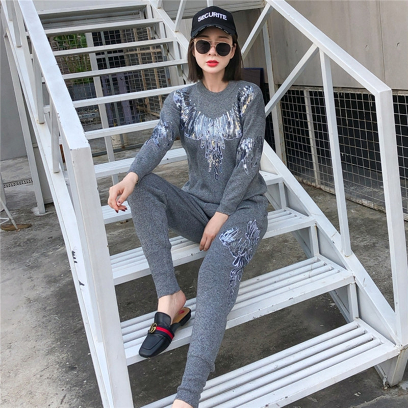 Two-piece Embroidered Sequin Knitted Suit Women's Hong Kong Style Fashion Casual Foot Pants