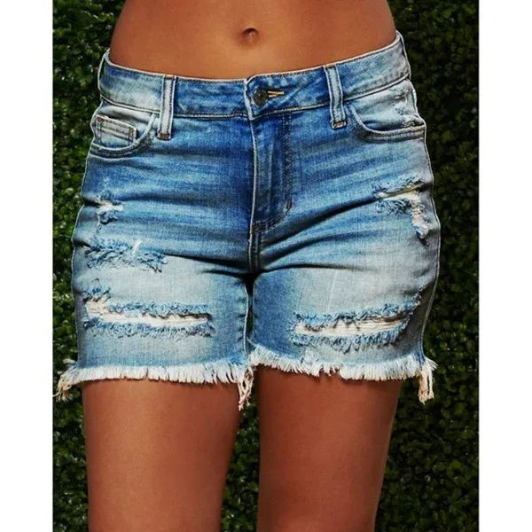 New Style Ripped Fringed High Stretch Denim Shorts Women Dark Blue - Shop at LoveMi