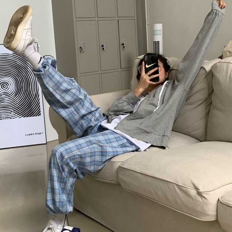 Plaid Drawstring Pants New Plaid High Waist Casual Pants Drawstring Sports Overalls Women