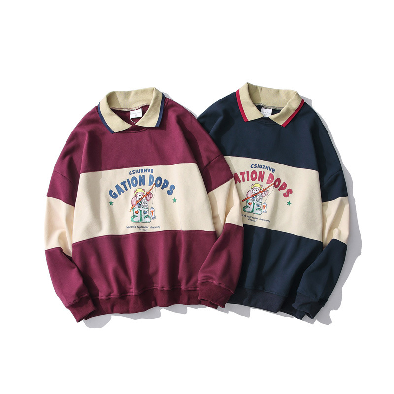 American Retro Loose Bear Print POLO Collar Couple Clothes