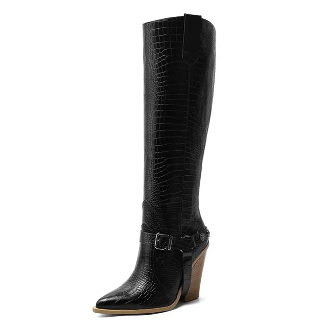 Super High Heel But Knee High Tube Belt Buckle Rivet Sexy Plus Size Trendy Boots Black - Shop at LoveMi