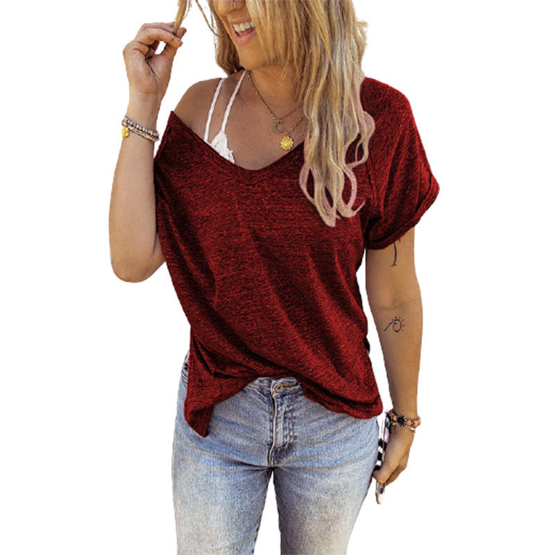 Title 2, V-neck Solid Color Stitching Loose T-shirt Top