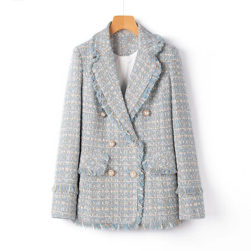 Tweed Suit Female Light Mature Retro Short Lapel Top, Lady's Small Fragrance Jacket - Blue