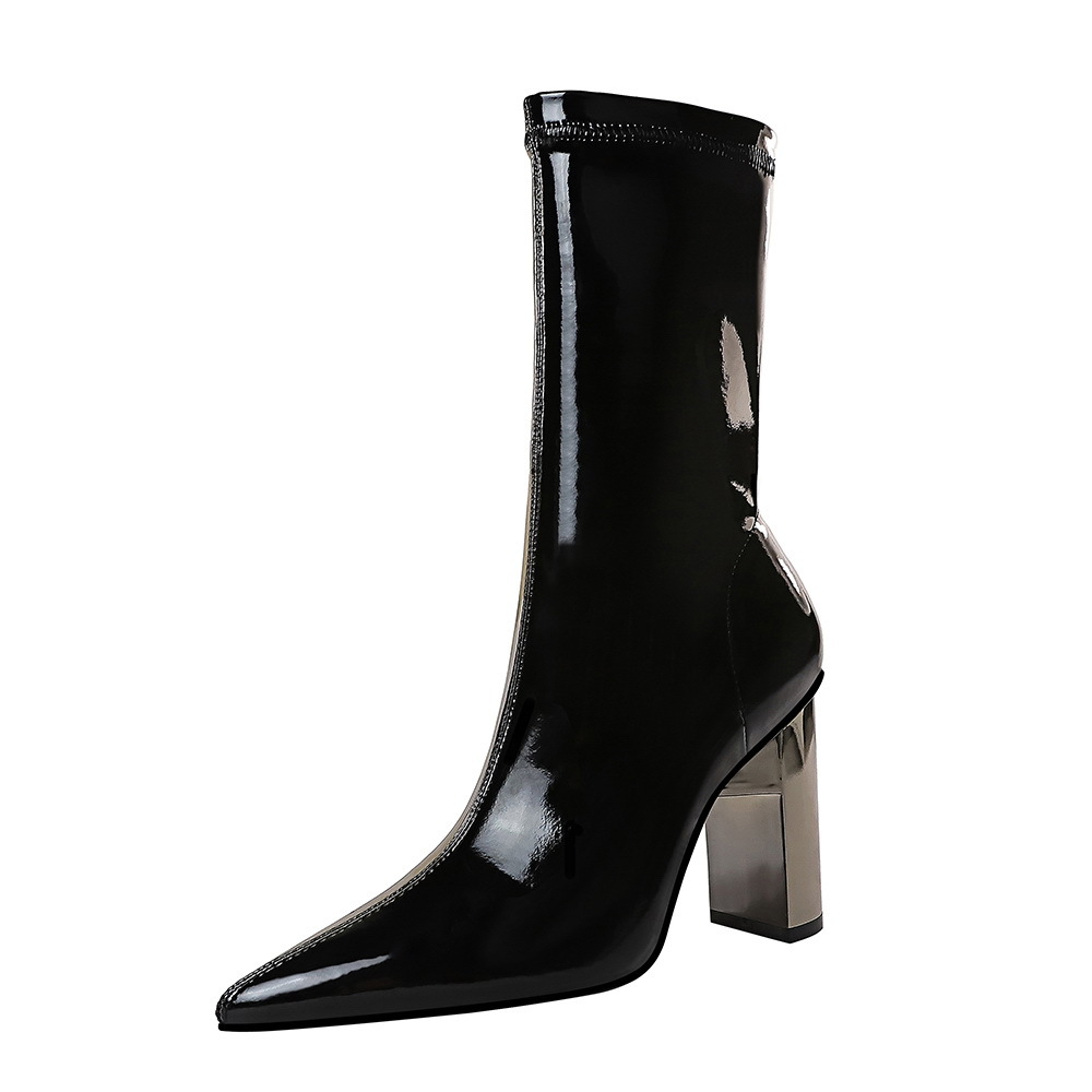 Shiny Patent Leather Boots Metal Thick Heel High Heel Pointed Toe Slim Short Boots Black - Shop at LoveMi