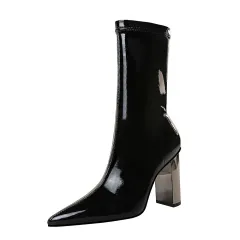 Shiny Patent Leather Boots Metal Thick Heel High Heel Pointed Toe Slim Short Boots - Black - View 1