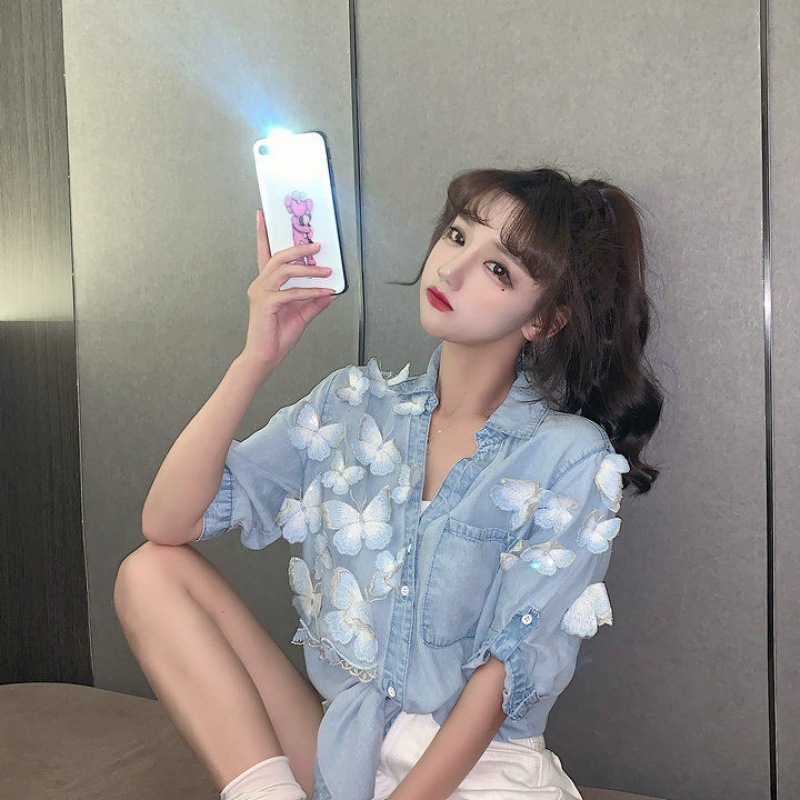 Lady Style Butterfly Irregular Thin Denim Shirt