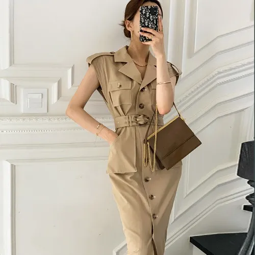 Sleeveless Long Skirt Female Forest Shirt Dress Apricot - Shop at LoveMi
