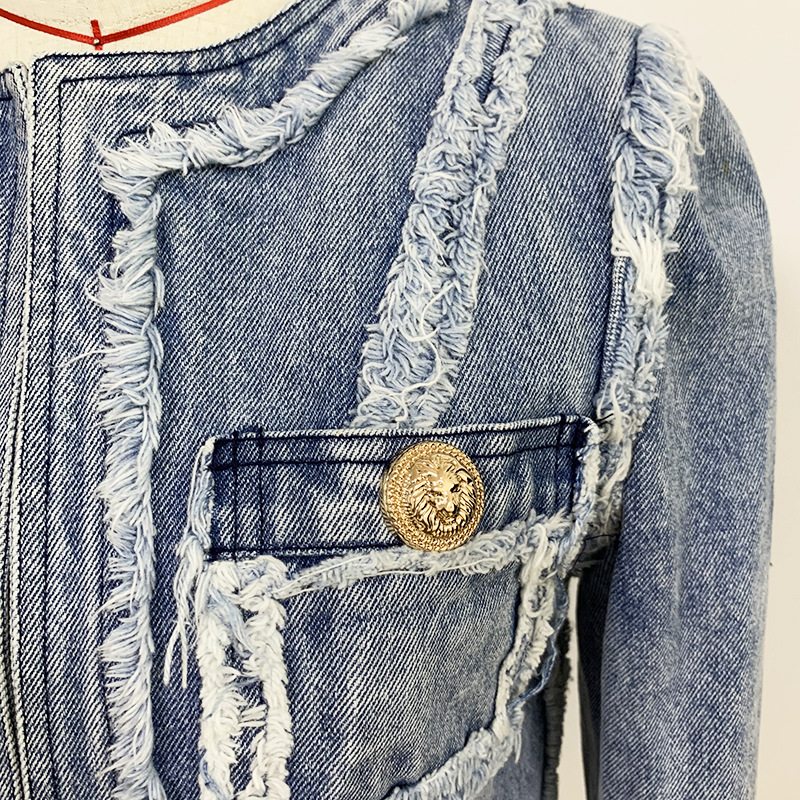 Street Personality Fringe Stitching Lion Head Button Denim Jacket