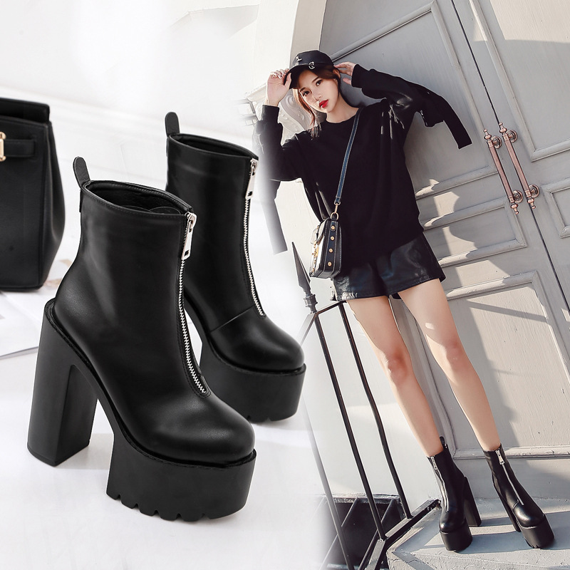 Knight Boots Autumn And Winter New European And American Trend Zipper Thick-Soled Super High-Heel Waterproof Platform Round Toe Boots