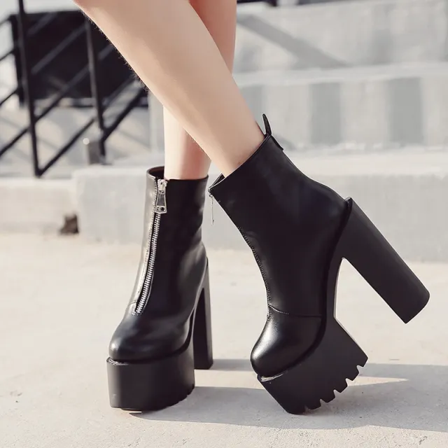 Autumn And Winter New European And American Trend Zipper Thick Soled Super High Heel Waterproof Platform Round Toe Boots Black - Shop at LoveMi