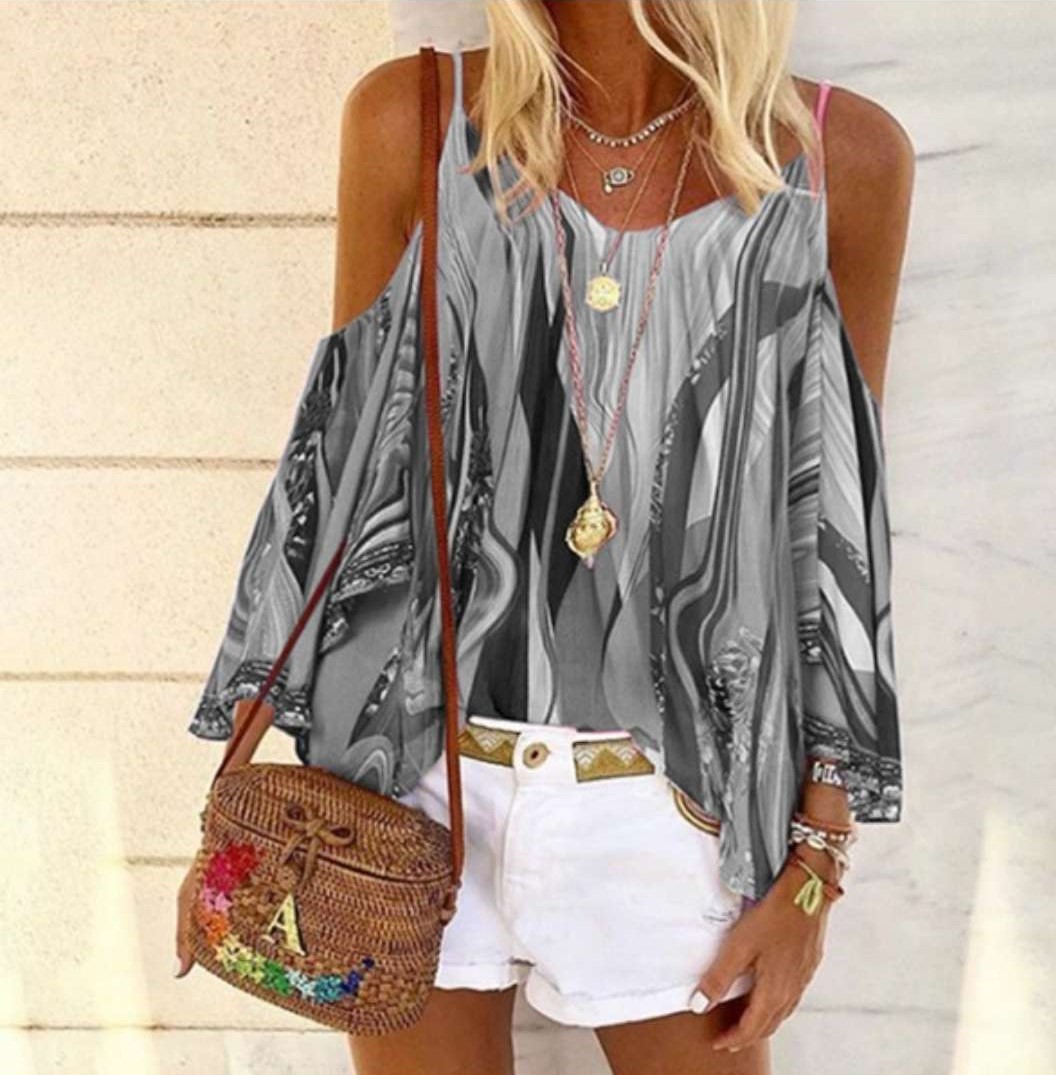 New Irregular Printed Sexy Leaky Shoulder Sling Top