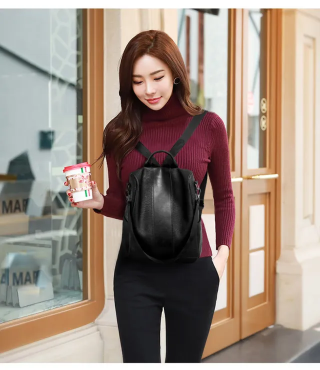 Casual Fashion Simple Large Capacity Ladies Soft Leather Travel Backpack Black - Shop at LoveMi