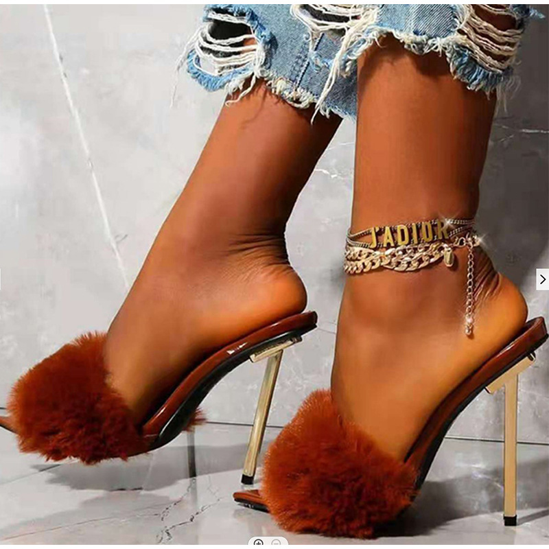 Plating Stiletto High heeled Rabbit Fur Women Sandals Brown - Shop at LoveMi