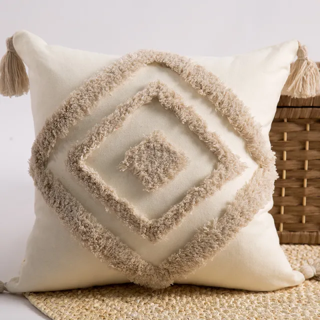 Tufted Embroidered Square Pillow, Embroidered Back Grid Tassel Sofa Waist Backrest White - Shop at LoveMi