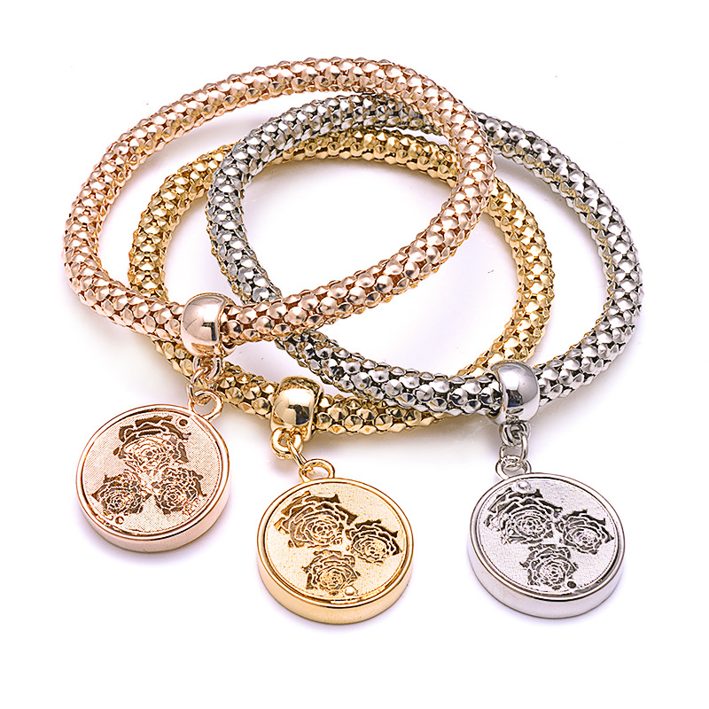 Elastic Bracelet Rose Flower Pendant Popcorn Tri Color Bracelet