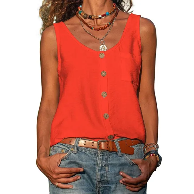 Women's Solid Color V Neck Button Sleeveless Pocket Vest Top Orange - Shop at LoveMi