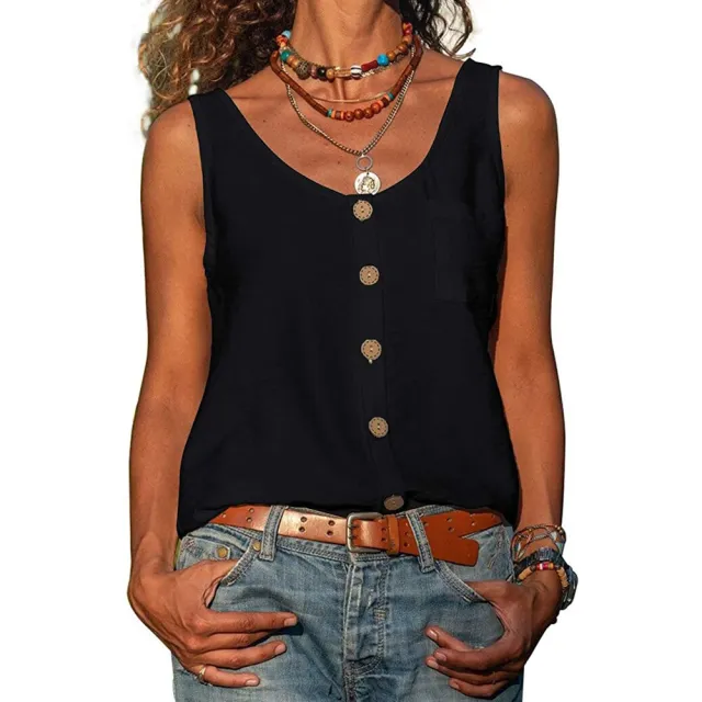 Women's Solid Color V Neck Button Sleeveless Pocket Vest Top Black - Shop at LoveMi