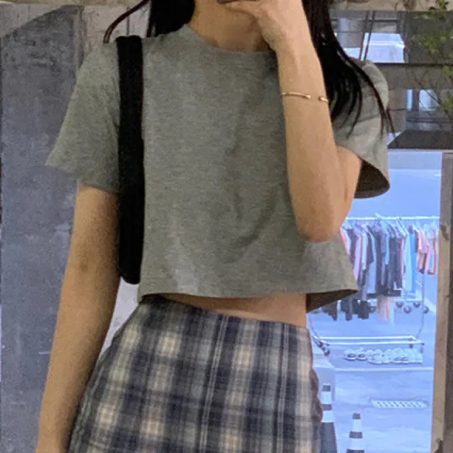 Pure Color Short sleeved T shirt New Korean Style Student High waist Navel Loose Half sleeved Shirt Grey - Shop at LoveMi