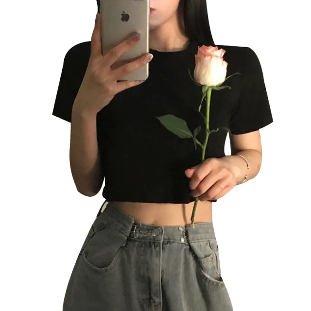 Pure Color Short sleeved T shirt New Korean Style Student High waist Navel Loose Half sleeved Shirt Black - Shop at LoveMi