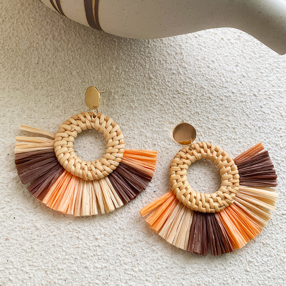 Wooden Round Rattan Earrings Bohemian Geometric Stud Earrings