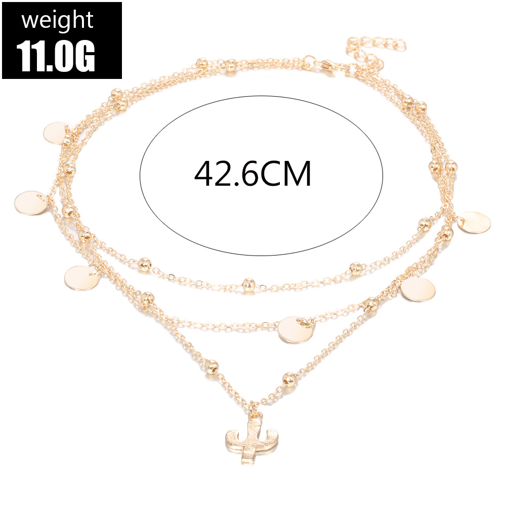Bohemian Cactus Disc Small Pendant Round Bead Three Layer Necklace