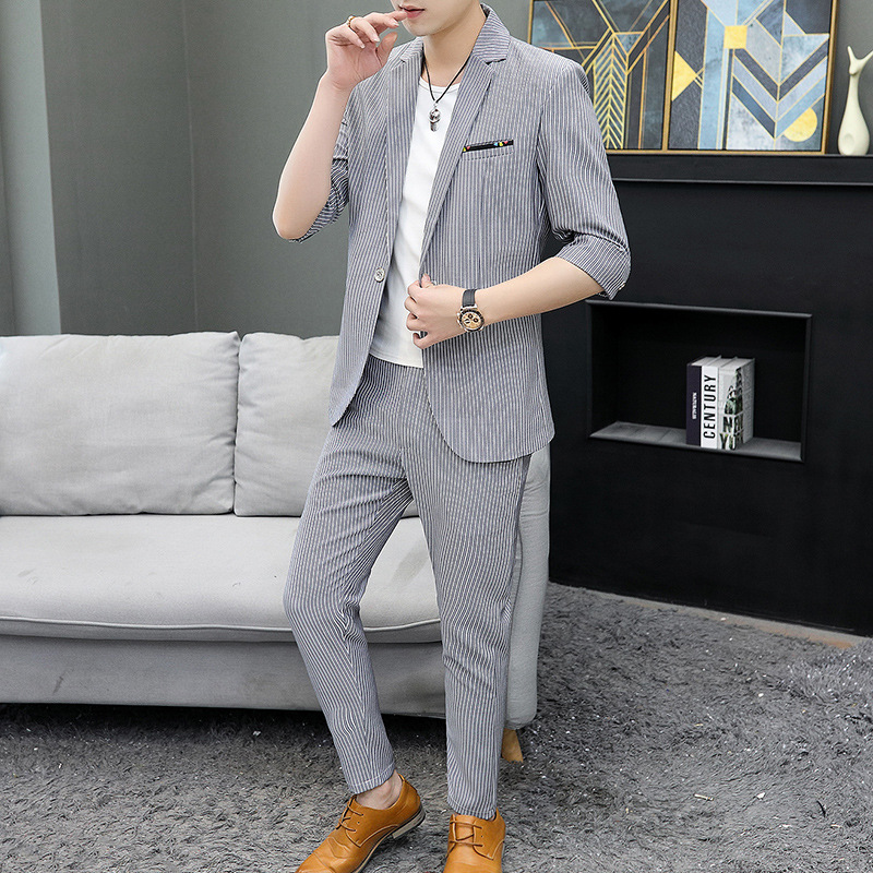 Mid-sleeve Suit Suit Men's Slim Stripe All-match Thin Section