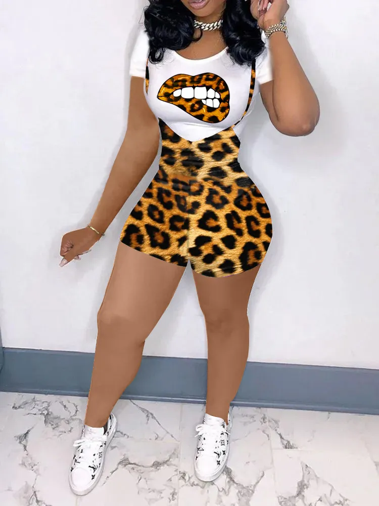 European And American Fashion Short-sleeved Printed Leopard Suit Two-piece Suit - Leopard